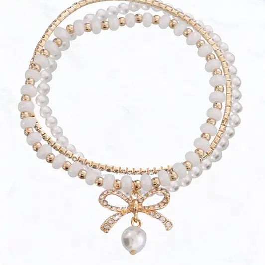 Pearl Beaded Bow Stretch Bracelet Set