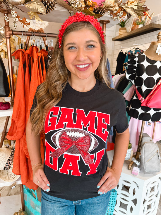 Sequin Red & Black Chenille Game Day Patch Football Tee