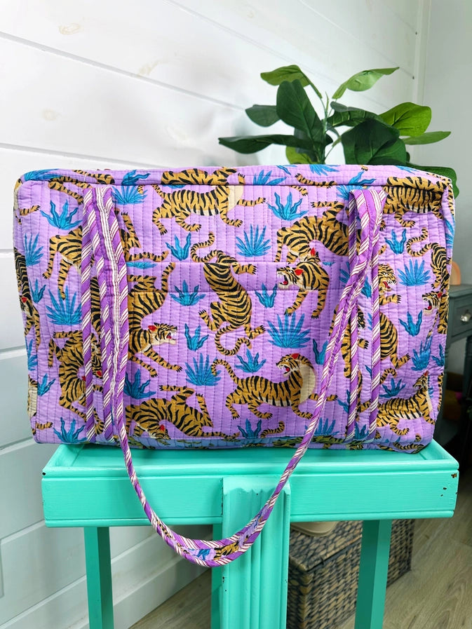 Purple Tiger Print Quilted Weekender Bag