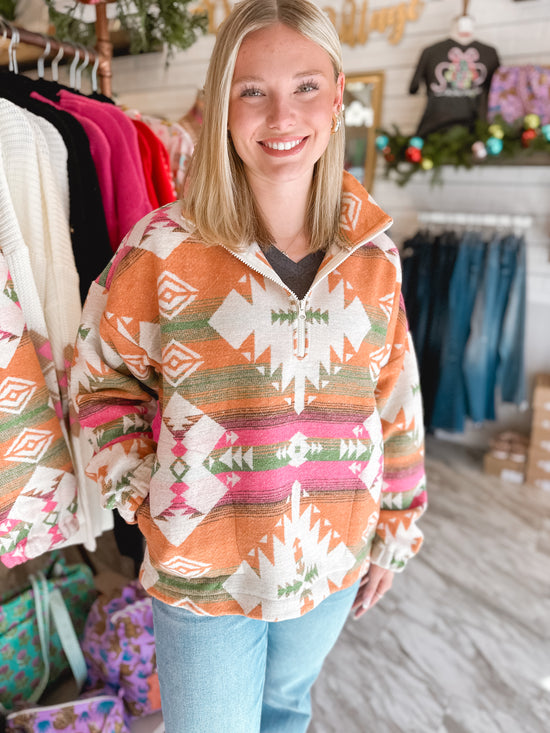 Ranch In Style Pink & Orange Aztec Pullover