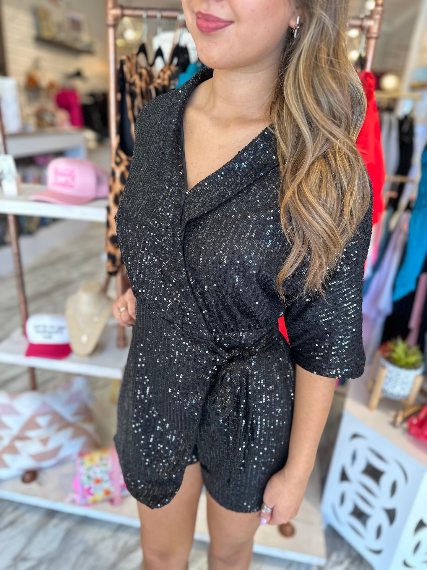 Candlelight Black Sequin Romper