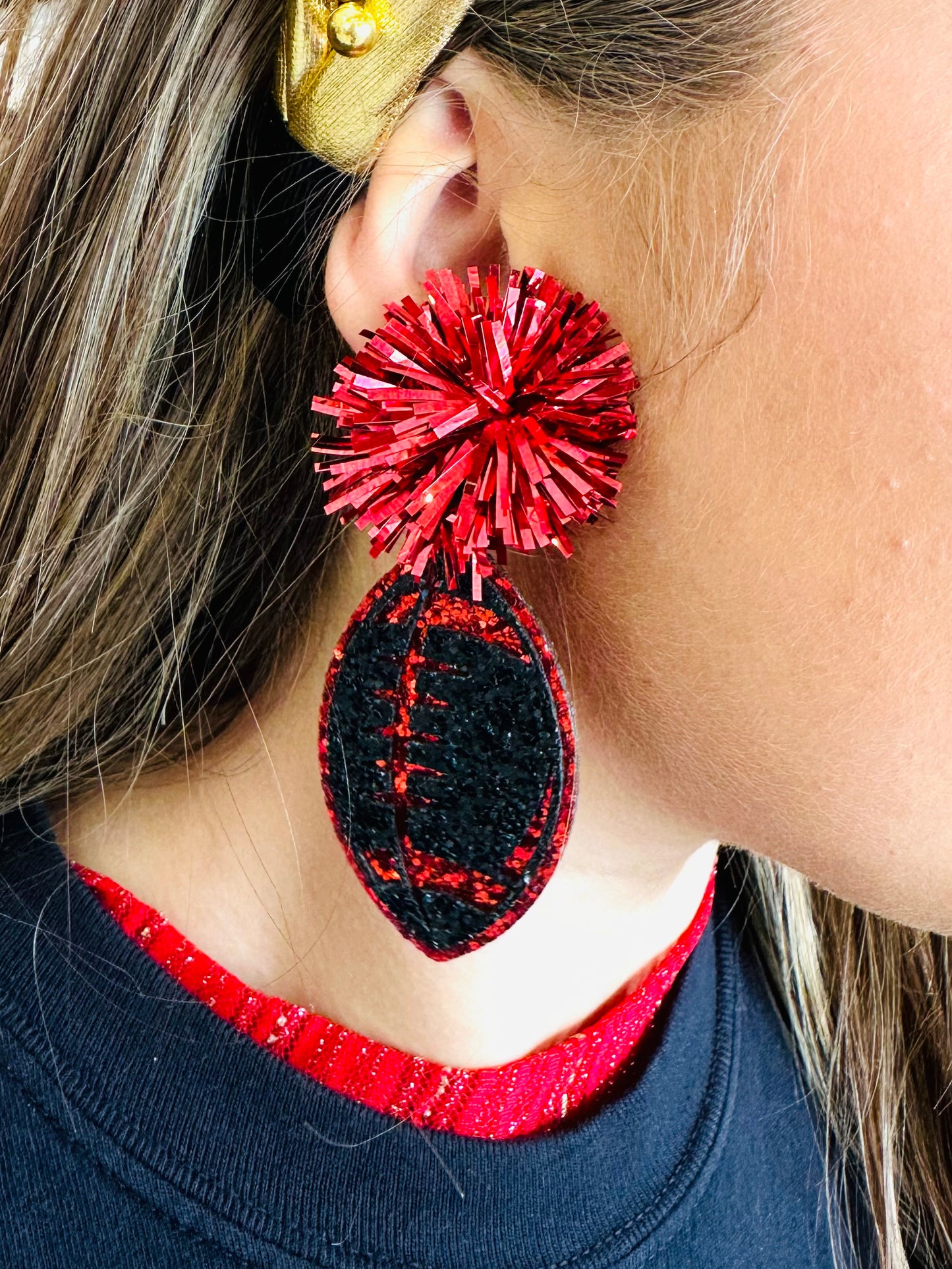 Football Pom & Glitter Red Drop Earrings