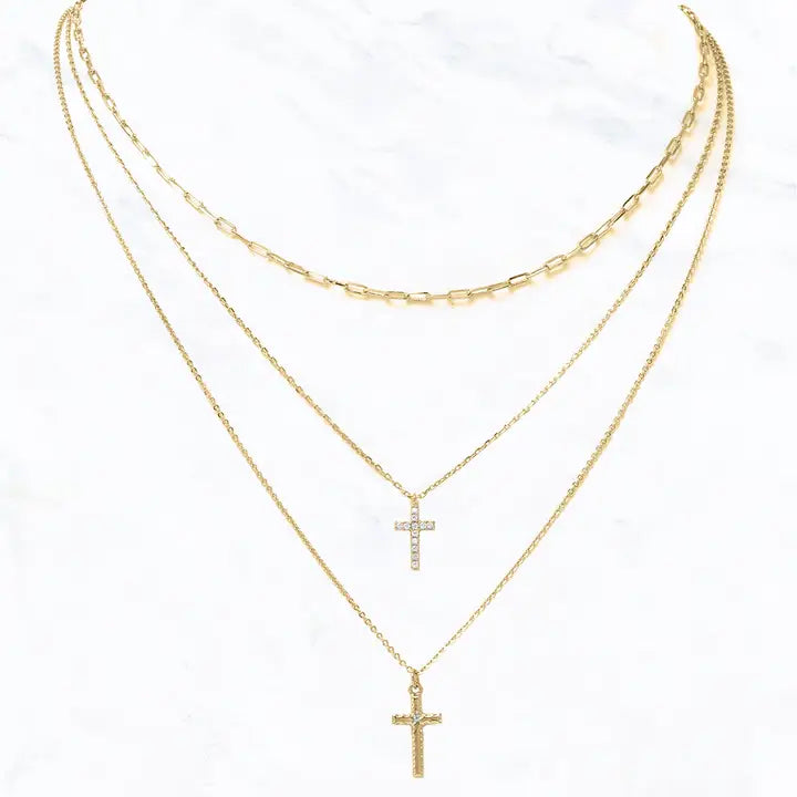 CZ Cross Cross Layered Link Necklace