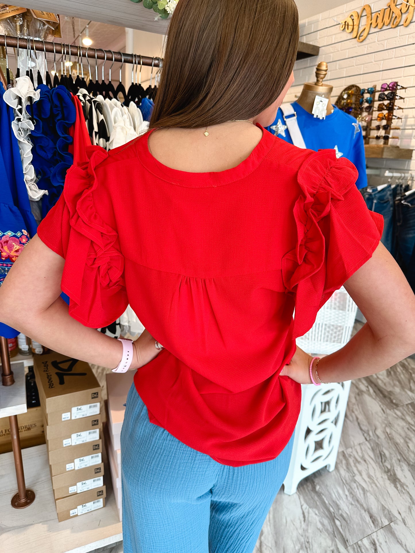 Summer Classic Red Ruffle Sleeve Top