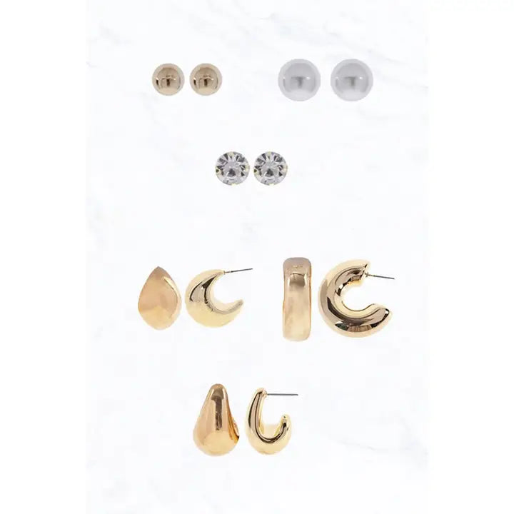 Puffy Gold Hoop Stud Earring Set