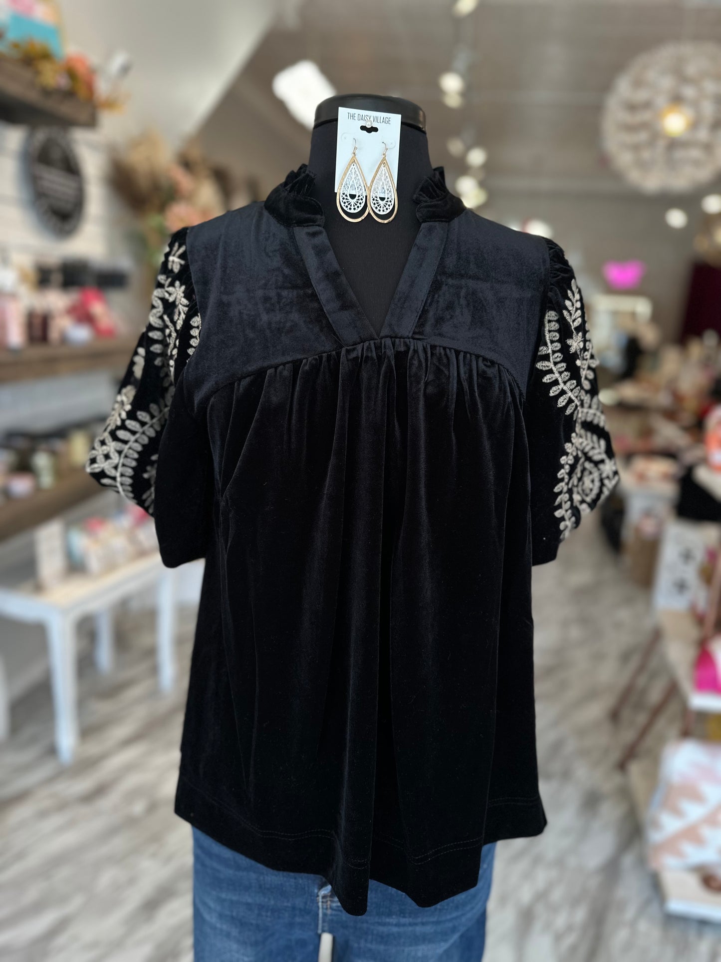 Juliet Black Velvet Embroidered Statement Top