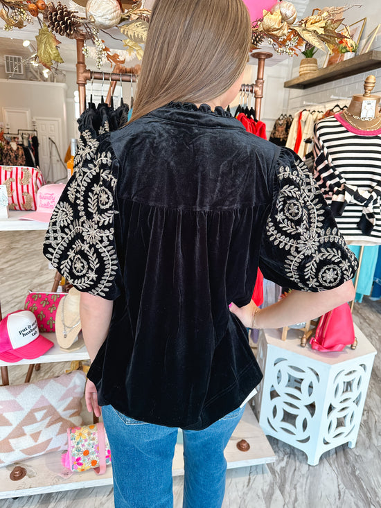 Juliet Black Velvet Embroidered Statement Top