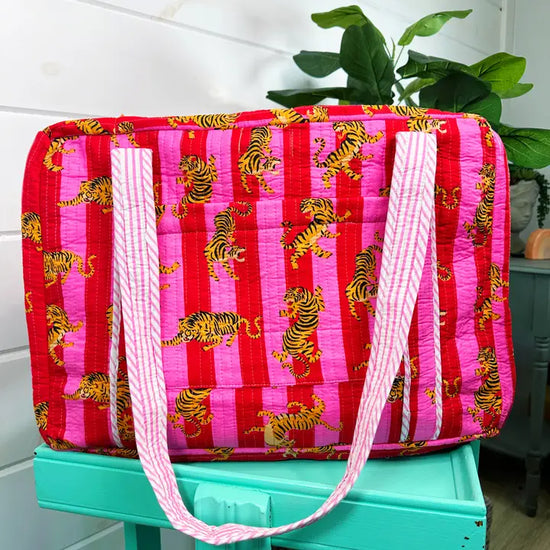 Pink Stripe Tiger Print Quilted Weekender Bag