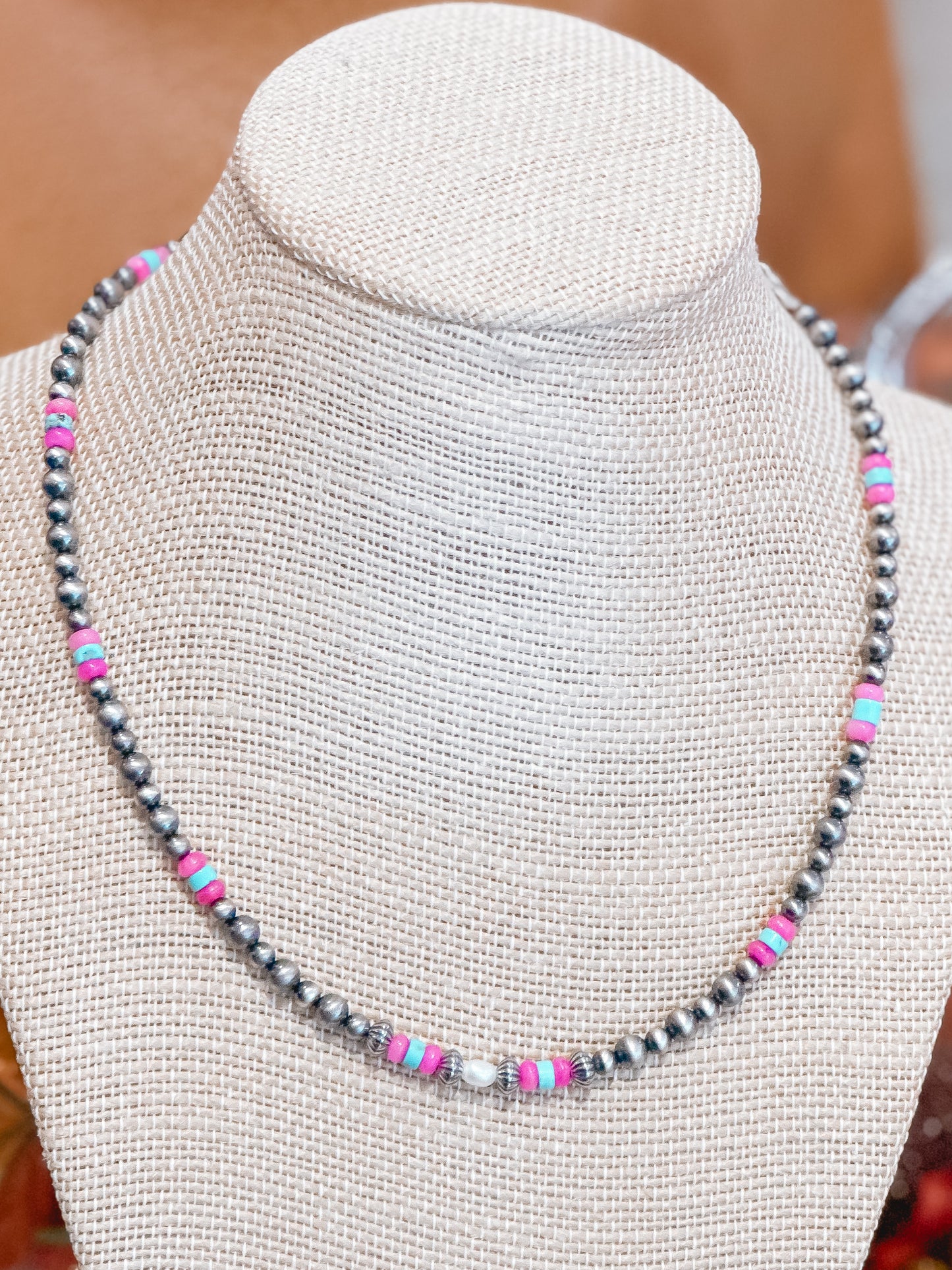 Freshwater Pearl & Hot Pink Quarts Variated Navajo Pearl Necklace