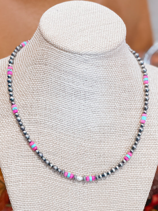 Freshwater Pearl & Hot Pink Quarts Variated Navajo Pearl Necklace