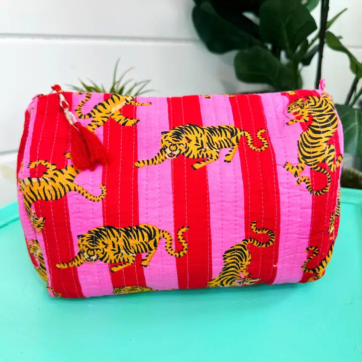 Pink Stripe Tiger Print Quilted Cosmetics Bag