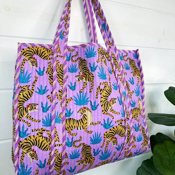 Purple Tiger Print Quilted Reversible Tote Bag