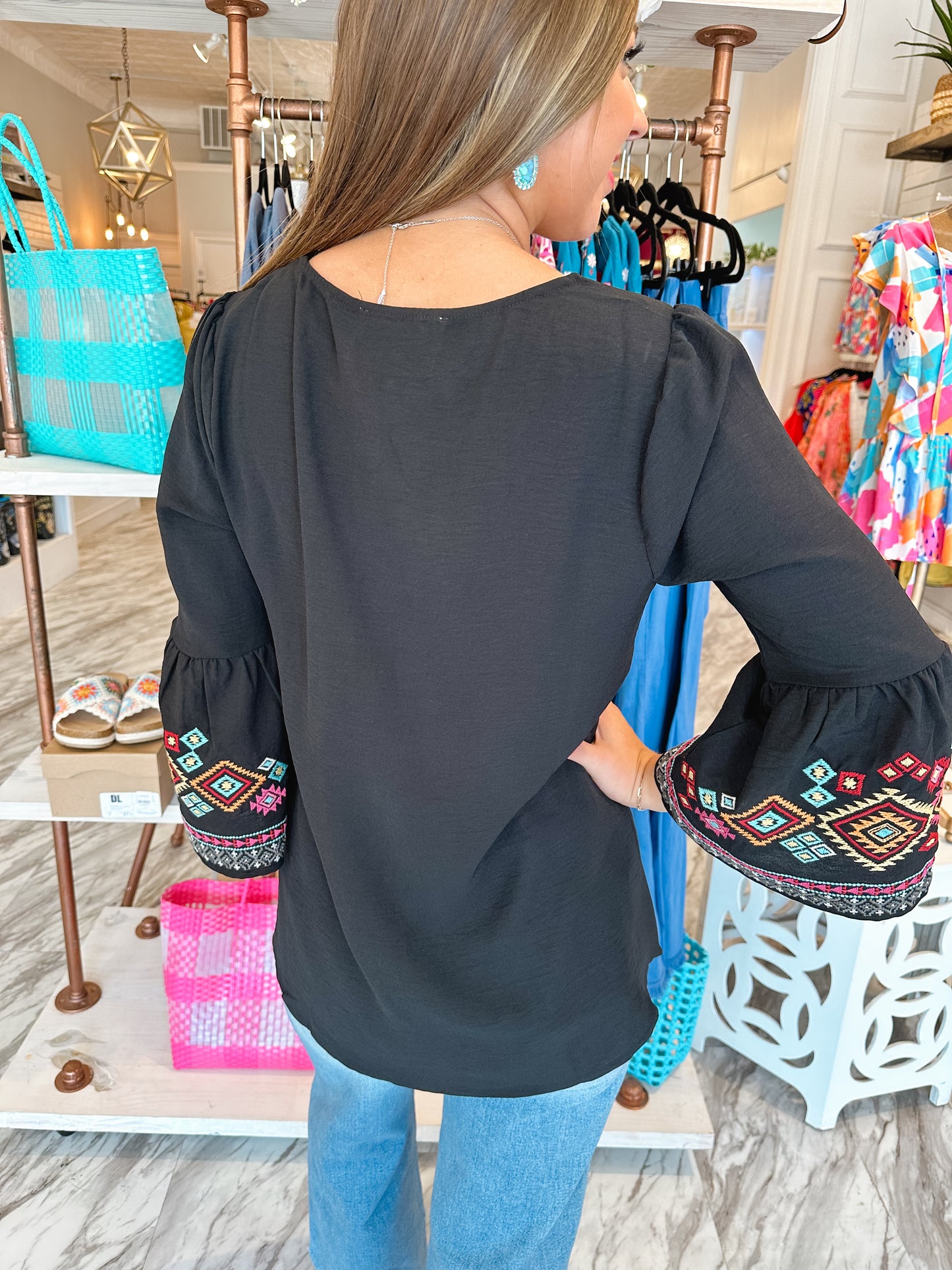 Blossom Breeze Black Aztec Embroidered Top