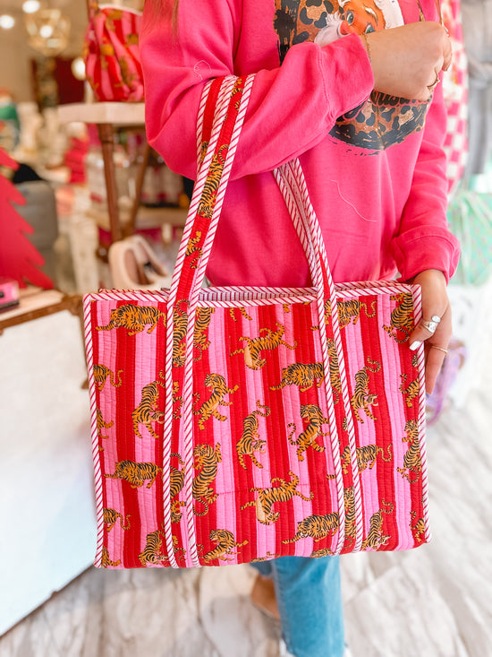 Pink Stripe Tiger Quilted Reversible Tote Bag