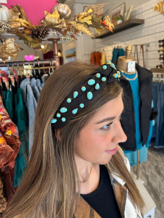 Western Turquoise Stone Knotted Black Headband