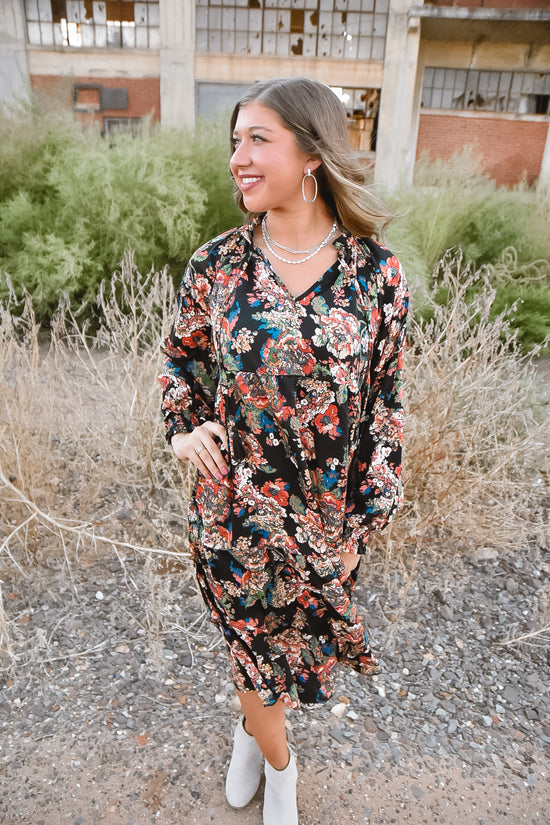 Mountain Sunset Black Floral Midi Dress