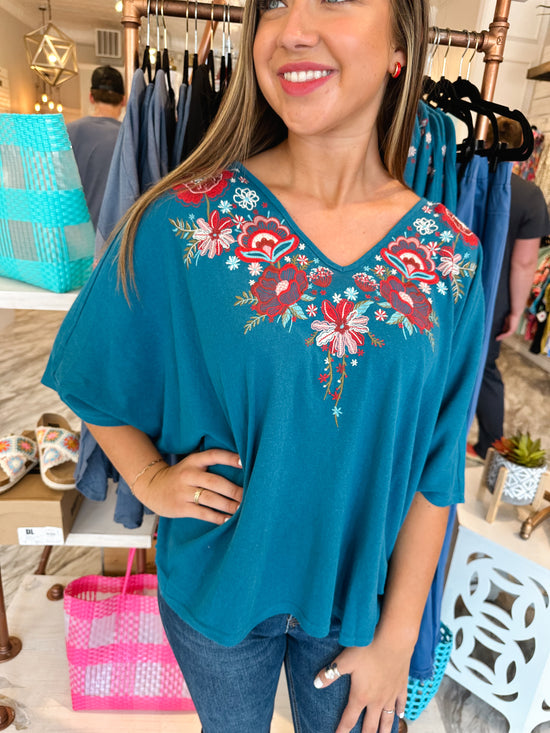 Forever Feeling Teal Embroidered Top