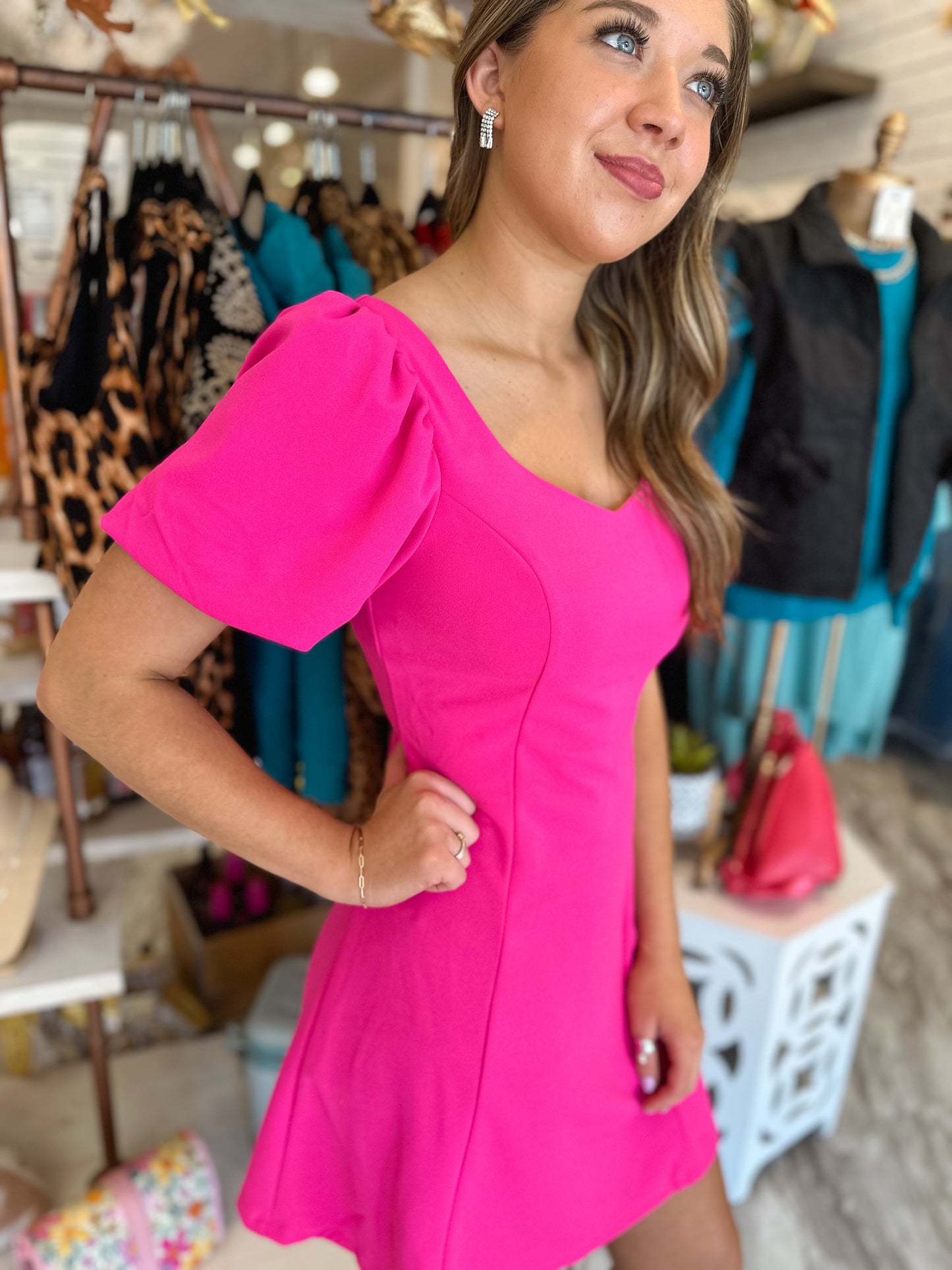 Socialite Hot Pink Puff Sleeve Dress