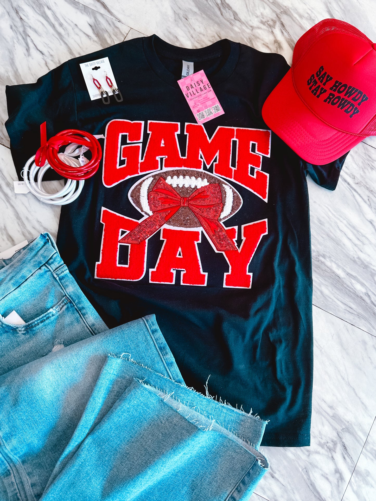 Sequin Red & Black Chenille Game Day Patch Football Tee