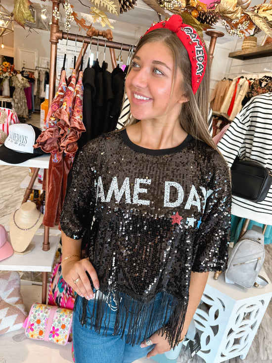 Game Day Chic Black Sequin Fringe Top