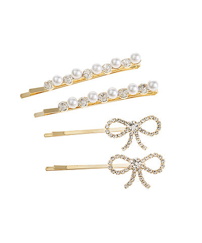 Pave Bow & Pearl Hair Pin Set