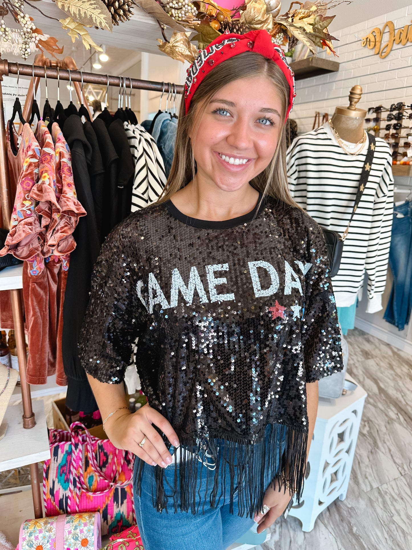 Game Day Chic Black Sequin Fringe Top