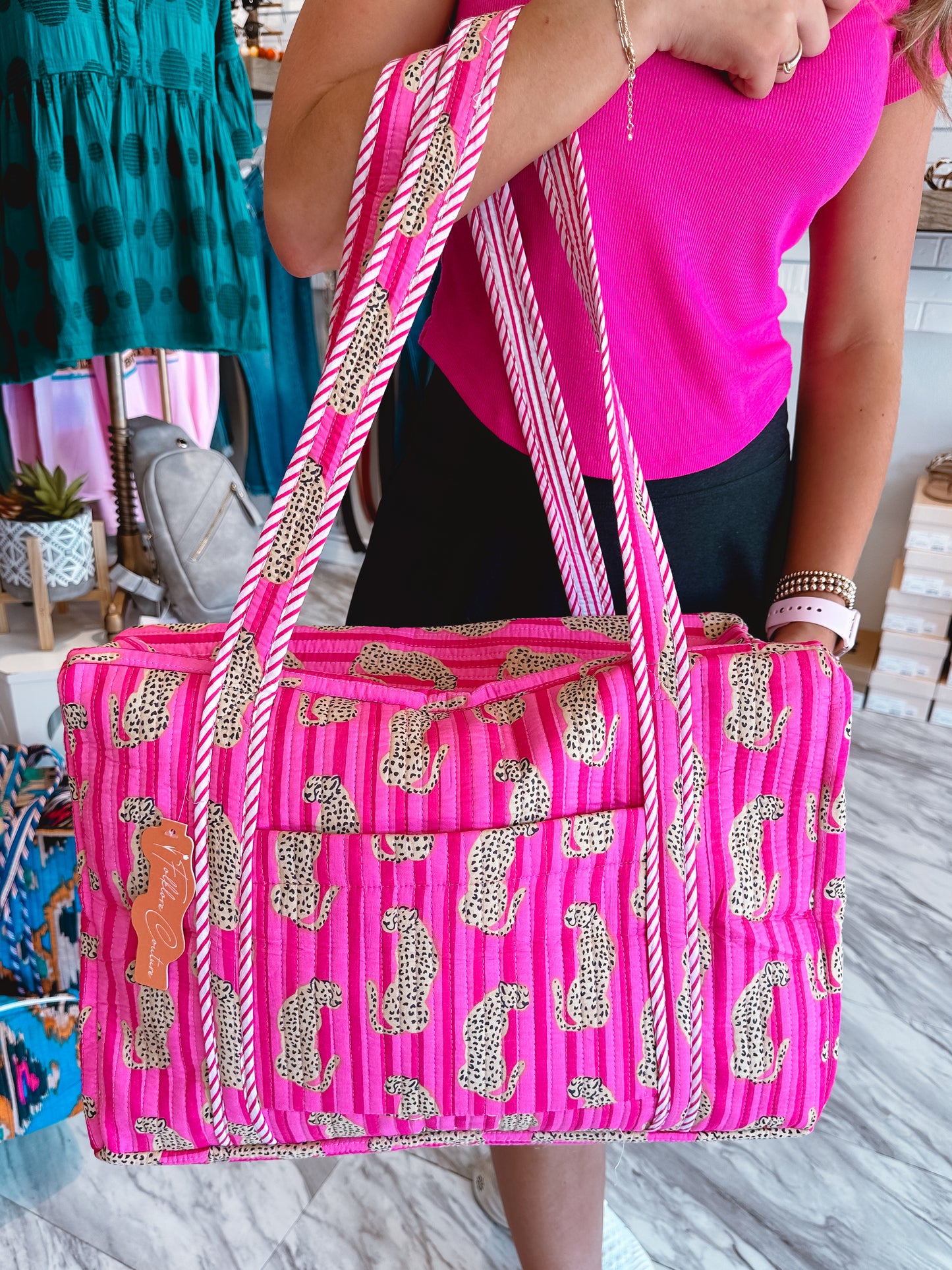 Leopard Hot Pink Stripe Quilted Weekender Bag