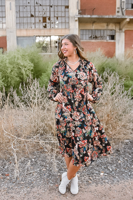 Mountain Sunset Black Floral Midi Dress