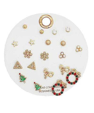 Christmas Tree & Bow Crystal Mix 10 Piece Stud Earring Set