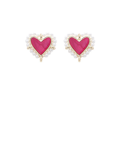 Hot Pink Pearl Heart Stud Earrings