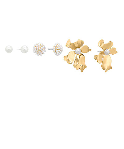 Pearl & Flower 3 Piece Earring Set