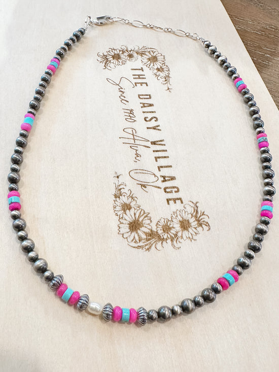 Freshwater Pearl & Hot Pink Quarts Variated Navajo Pearl Necklace