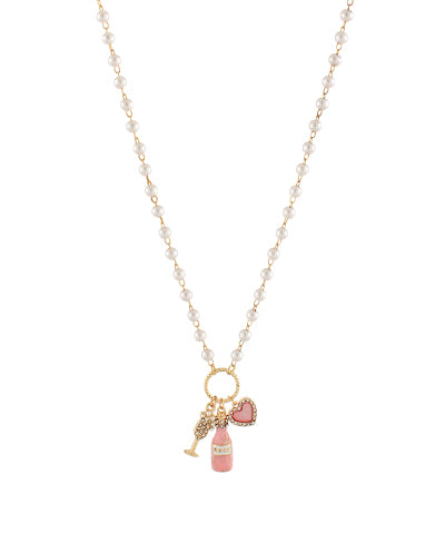 Champagne & Heart Charm Pearl Necklace