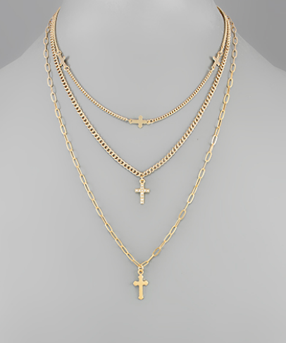 Three Chain Cross Charm Necklace Set