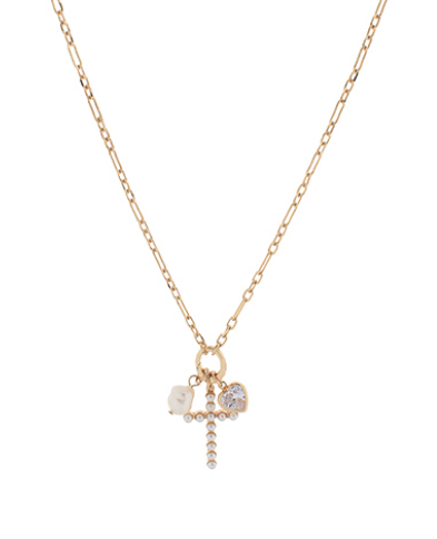 Pearl, Cross & Crystal Heart Charm Necklace