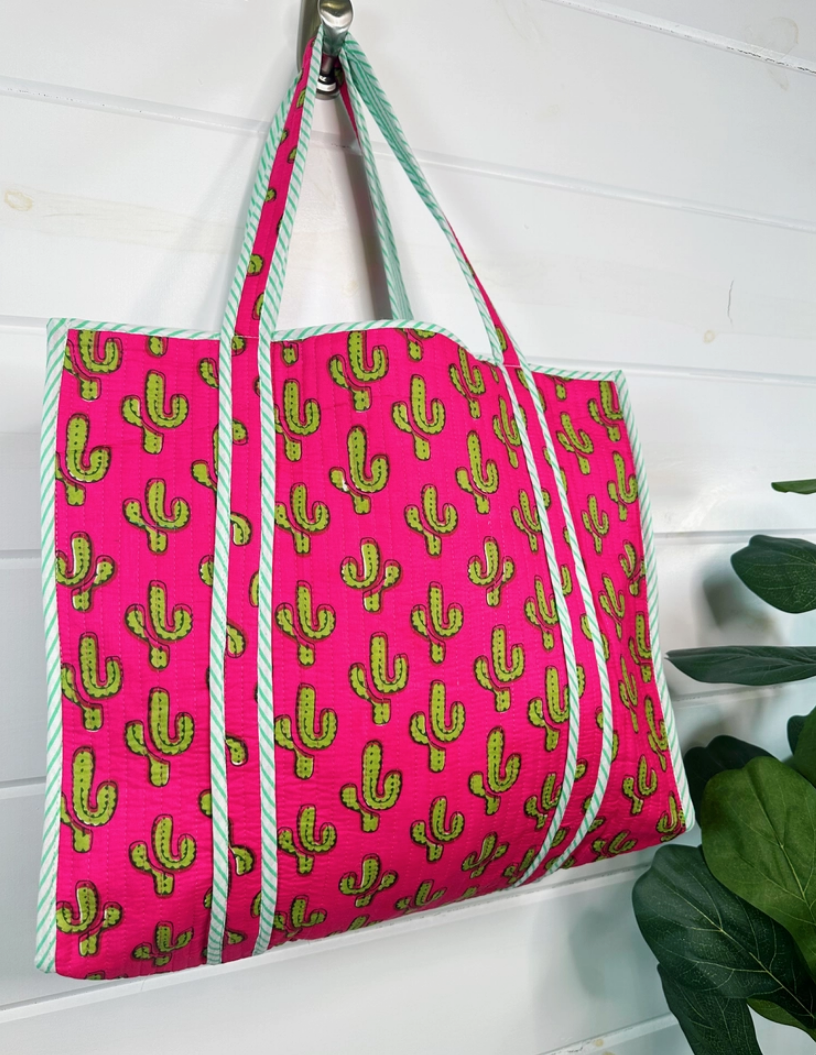 Cactus Print Quilted Reversible Tote Bag