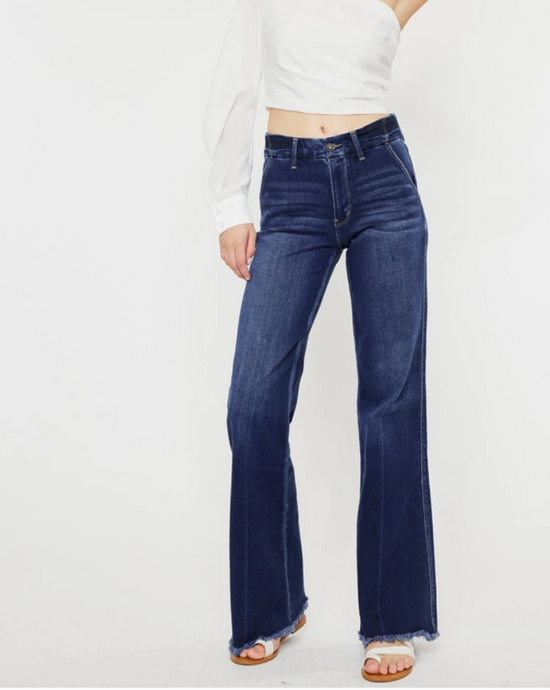 Aspen High Rise Dark Fringe Flare Denim