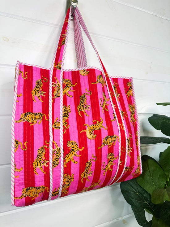 Pink Stripe Tiger Quilted Reversible Tote Bag