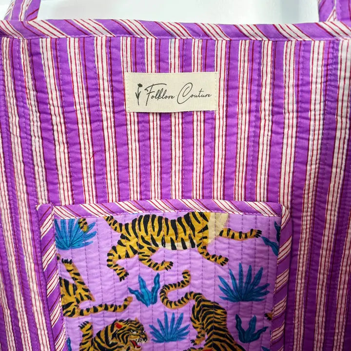 Purple Tiger Print Quilted Reversible Tote Bag