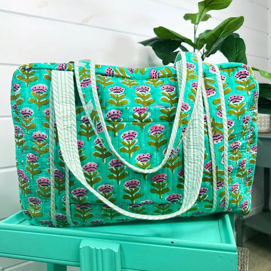 Aqua Floral Print Quilted Weekender Bag