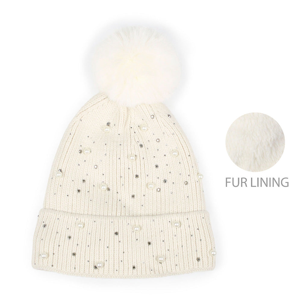 Pearl & Crystal Detailed Knit Pom Pom Beanie