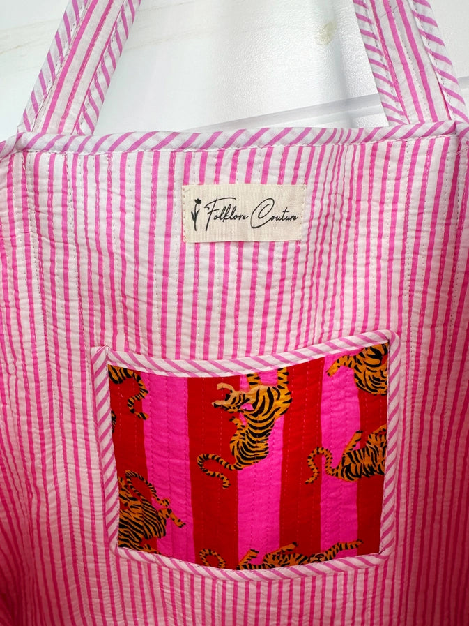 Pink Stripe Tiger Quilted Reversible Tote Bag