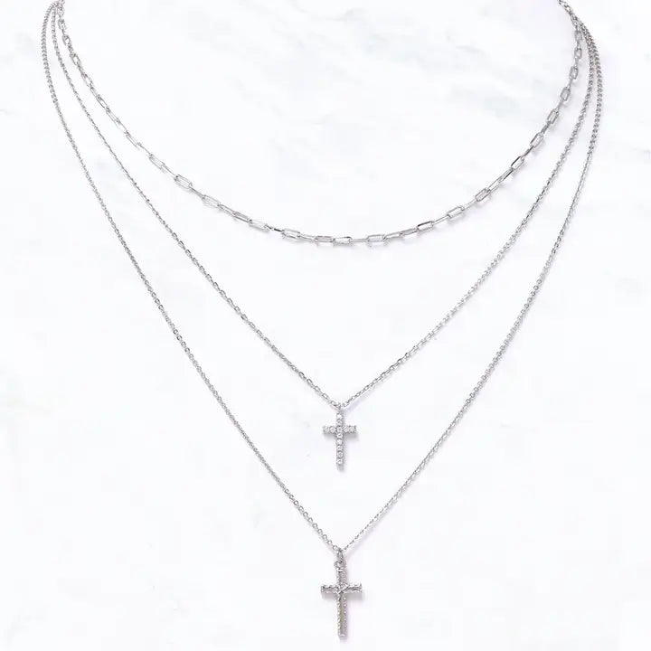 CZ Cross Cross Layered Link Necklace