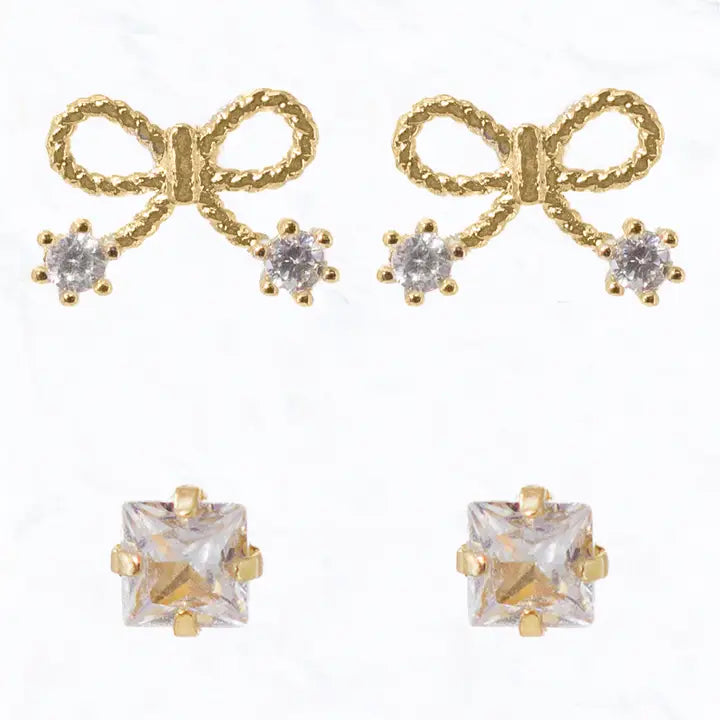 Bow & Crystal Gold Dipped Stud Set